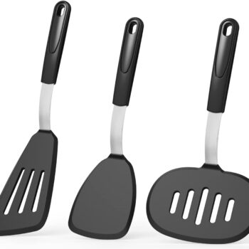 Silicone Spatula Turner Set of 3,  600°F Heat Resistant Cooking Spatulas for Nonstick Cookware, Extra Large Flexible Kitchen Utensils for Frying, Cooking, Baking, Black