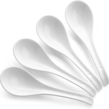 Soup Spoons, Ceramic Chinese Soup Spoons, Asian Soup Spoons, White Japanese Spoon Large for Ramen Pho Wonton Dumpling Miso, Deep Oval Hook Design, Set of 4