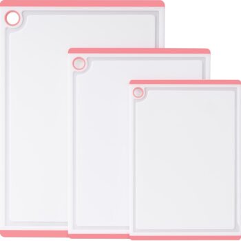 Plastic Cutting Boards for Kitchen, 3-Piece Large Cutting Board Set Dishwasher Safe Chopping Boards with Non-slip Feet and Juice Grooves, Pink,
