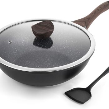 Nonstick Wok with Lid, 12 Inch Woks & Stir-fry Pans, Granite Stone Coating for Cooking, Induction Cookware, Compatible with All Stovetops,  Free