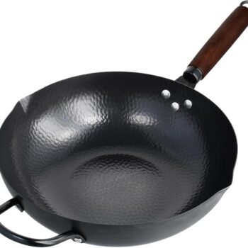 Carbon Steel Wok Pan with Double Spouts, Woks & Stir-Fry Pans Nonstick with Wooden and Steel Helper Handle 11.8 Inches(Flat Bottom)