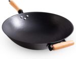 Pre-Seasoned Cast Iron Wok - 14.2 Inch, Round Bottom, Non-Stick, with Light Wooden Handle, Perfect for Gas Stoves, High Heat Retention, Ideal for Stir Fry and Deep Frying