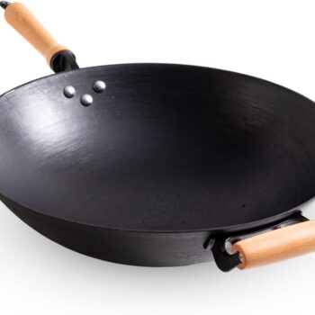 Pre-Seasoned Cast Iron Wok - 14.2 Inch, Round Bottom, Non-Stick, with Light Wooden Handle, Perfect for Gas Stoves, High Heat Retention, Ideal for Stir Fry and Deep Frying
