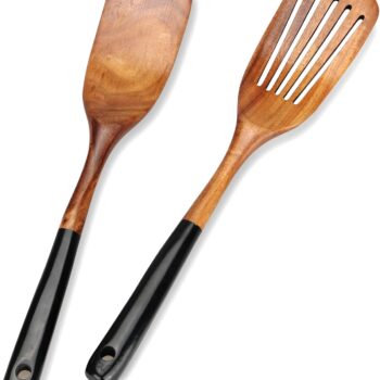 2 Pcs Best Wooden Spatula Set for Cooking Kitchen Slotted Turner Spatula Flat Wood Wok Spatula Non Stick Cooking Utensils for Frying Mixing Teak Fish Spatula Turner Black Egg Flipper Spatulas