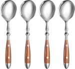 Soup Spoons，4Pcs Soup Spoons Set，Stainless Steel 18/8 Spoons with Comfortable Bakelite Handle，Heavy-Weight Metal Round Spoons，Wood Grain Handle
