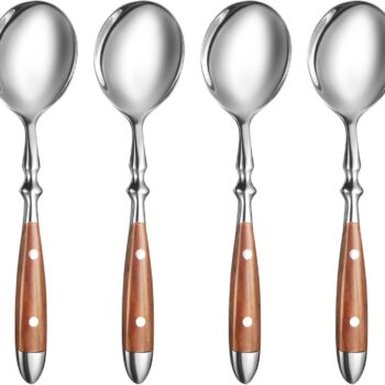 Soup Spoons，4Pcs Soup Spoons Set，Stainless Steel 18/8 Spoons with Comfortable Bakelite Handle，Heavy-Weight Metal Round Spoons，Wood Grain Handle