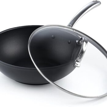 Nonstick Stir-Fry Wok Pan 11-Inch, Hard Anodized Deep Frying Pan with Glass Lid, Flat Bottom, Black