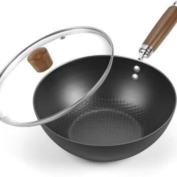 Carbon Steel Wok Pan, 9.5" Stir-Fry Pan, 1.65lb Lightweight Flat Bottom Mini Wok for 1-2 Servings