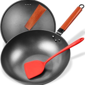 Wok Pan with Lid, Woks & Stir Fry Pans with Silicone Spatula, Nonstick Wok and Carbon Steel Woks, No Chemical Coated Flat Bottom Chinese Wok For Induction, Electric, Gas, All Stoves, 13in