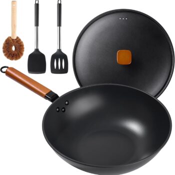 Wok Pan with Lid - 13" Nonstick Wok, Carbon Steel Woks & Stir-Fry Pans with Cookwares, Flat Bottom Chinese wok for Electric, Induction and Gas Stoves