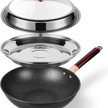 12.5” Woks & Stir-Fry Pans with Lid Steamer, Nonstick Ceramic Wok Pan with Lid, Deep Large Induction Hard Anodized Frying Wok, Carbon Steel Wok Set Flat Bottom, Large Saute Pan Set