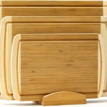 3-Piece Extra Large Wooden Cutting Boards For Kitchen, Bamboo Cutting Board with Holder, Wood Cutting Board Set, Heavy Duty Chopping Board for Meat, Serving Tray Set- Two Tone
