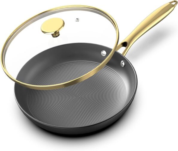 Non stick Frying Pans, Long Lasting 10 Inch Frying Pan with Lid, Professional Cast Iron Skillets Nonstick Frying Pan, Frying Pans Nonstick with Lid and Stay Cool Handle, Christmas Gifts