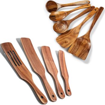 5 Pcs Wooden Spoons & 4 Pack spurtle Set for cooking, Non-Stick Wooden utesils set for cooking, stirring,