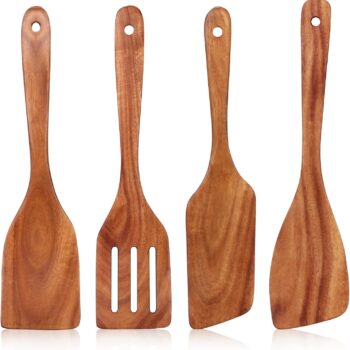 Best Wooden Spatula for Cooking Non Stick Kitchen Utensils Teak Wood Spatula Set of 4 Flat Slotted Turner Spatula for Baking Mixing Scraping Fish Spatula Wood Cooking Utensil Set Egg Flipper Spatula