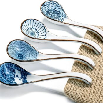 Asian Ceramic Soup Spoon, with Long Handle Easy to Hold, Non-slip Bottom, for Japanese Ramen, Chinese and Vietnamese Wonton, Noodle Soup Spoons (V86)