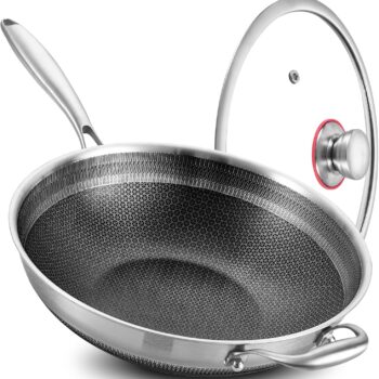 New  Tri-Ply Stainless Steel Wok Pan with Lid,Ceramic Nonstick Coating Stir Frying Pan,Induction Cooking Pan,Dishwasher and Oven Safe. (12-Inch Long Handle)