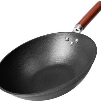 21st  Wok, Stir Fry Pan, Wooden Handle, 11 Inch, Lightweight Cast Iron, chef’s pan, pre-seasoned nonstick, for Chinese Japanese and other cooking
